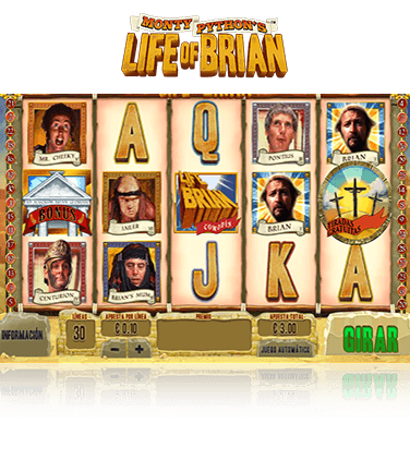 Pantalla de juego de la tragaperras Life of Brian. Se ven sus 5 carretes y 3 filas y varios de sus símbolos.